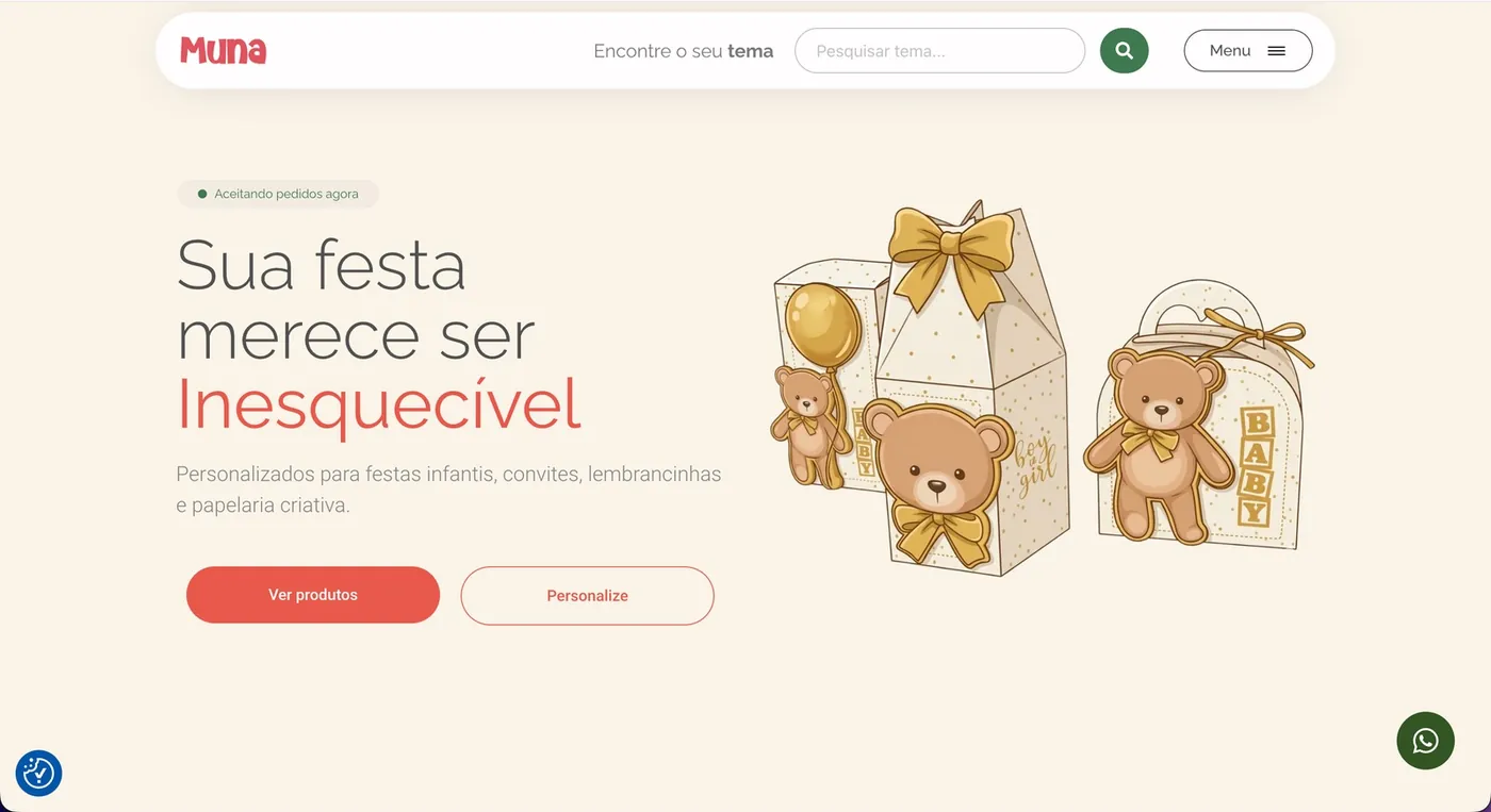 Página inicial da loja virtual Muna Ateliê