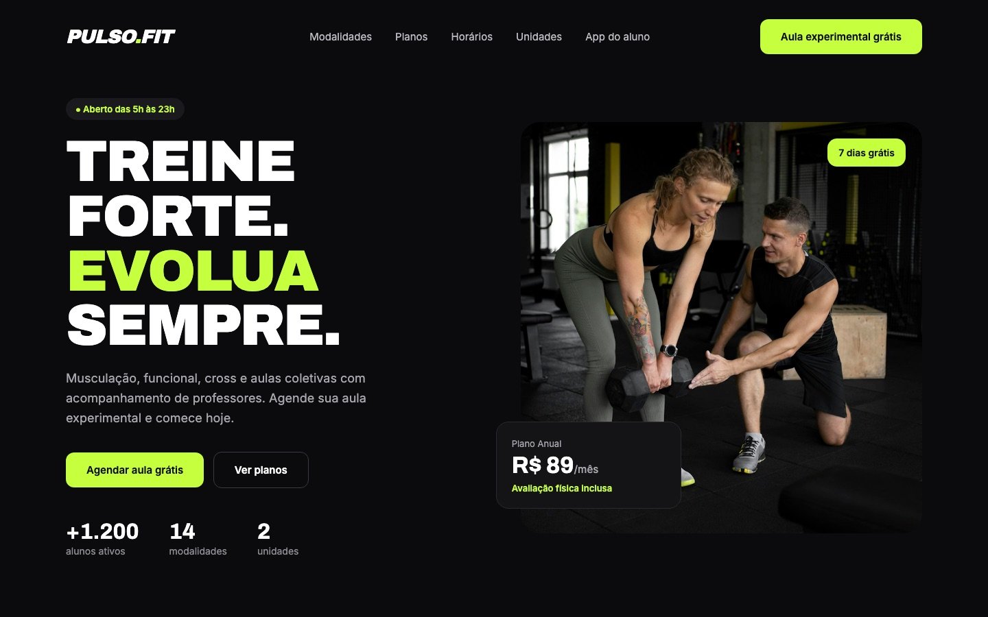 Página inicial do site de uma academia