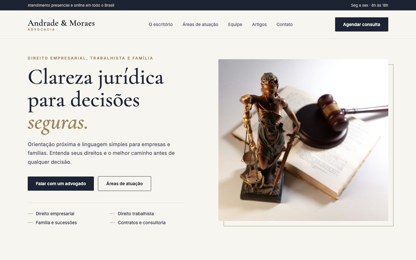 Página inicial do site de um escritório de advocacia