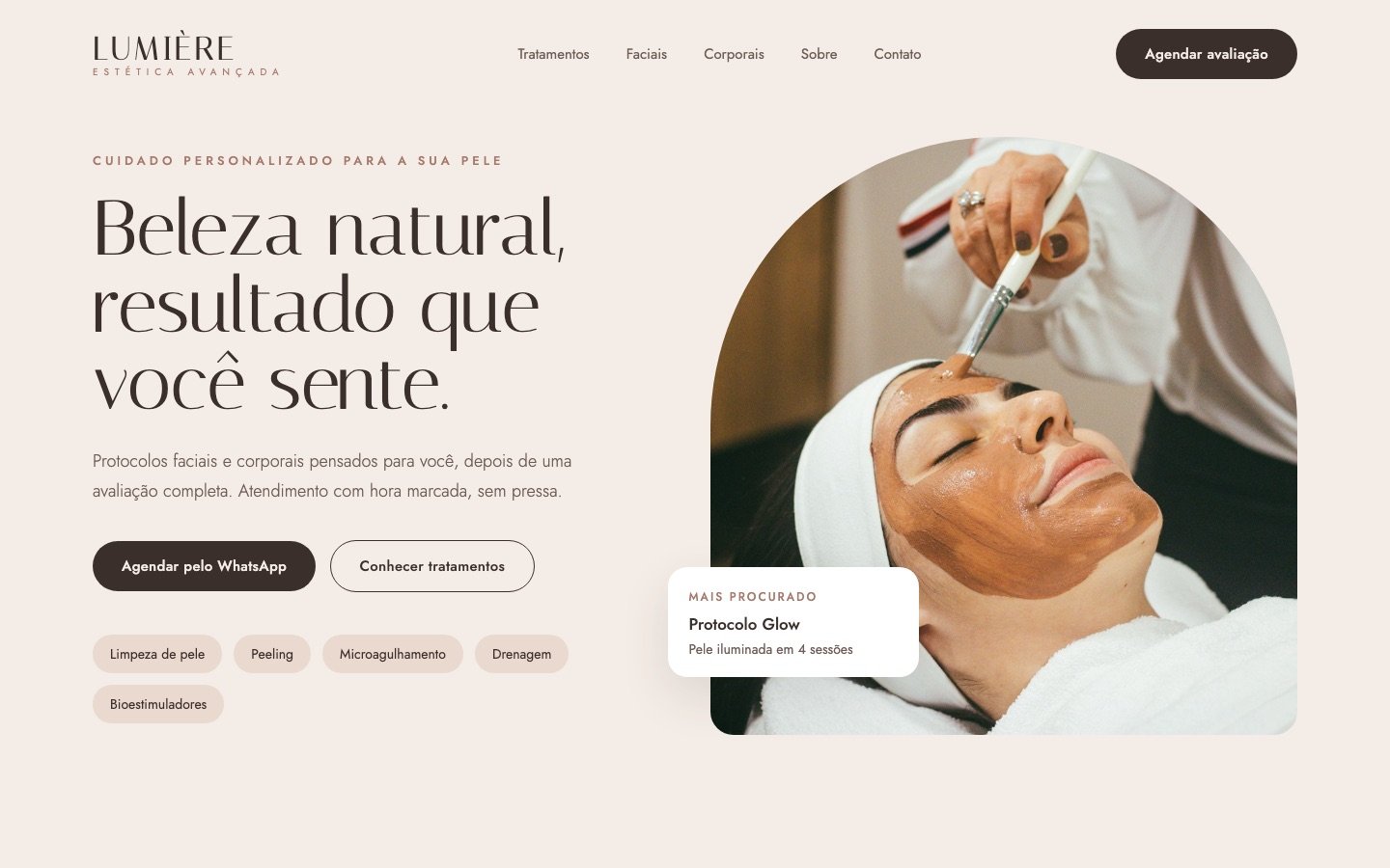 Página inicial do site de uma clínica de estética