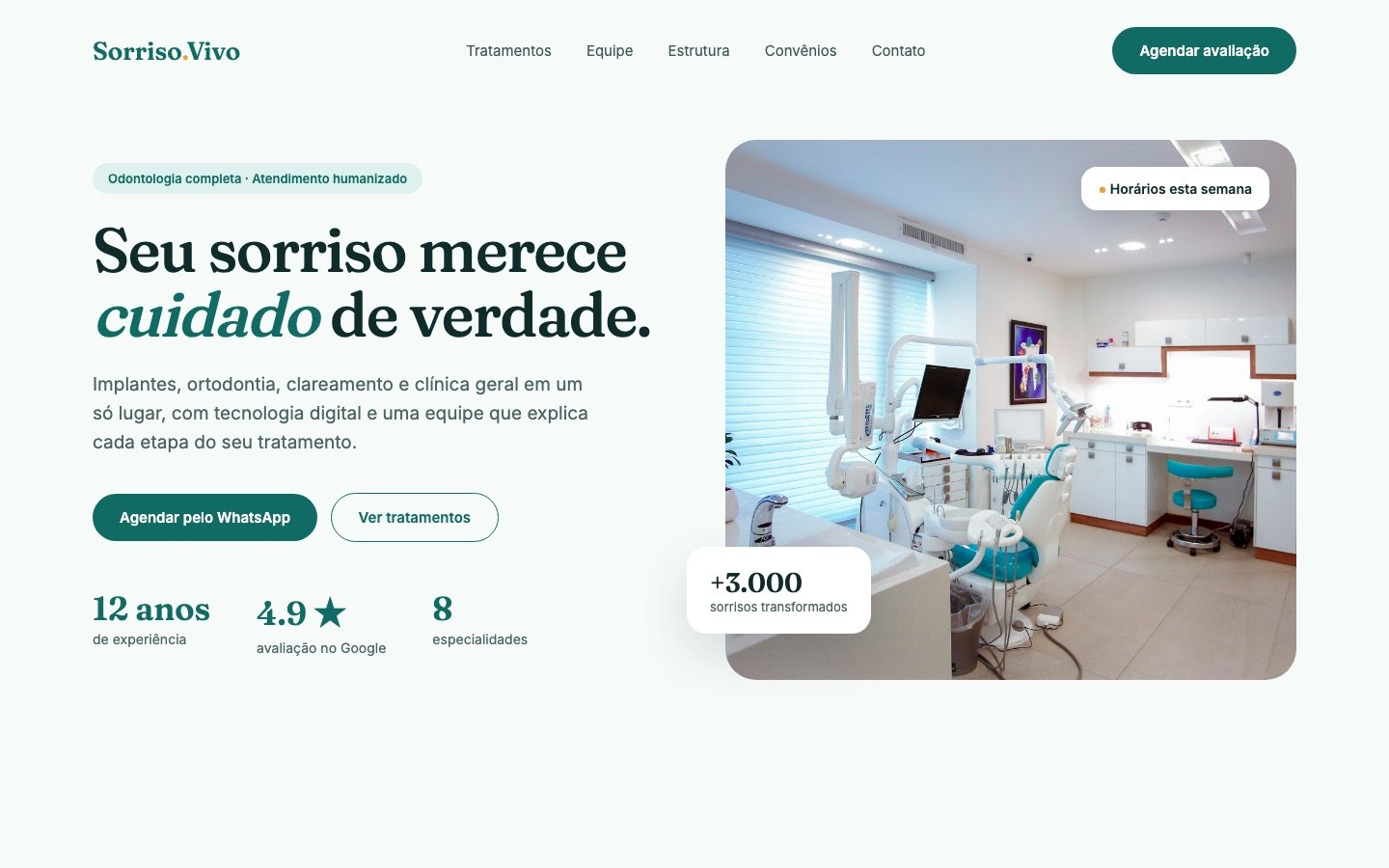 Página inicial do site de uma clínica odontológica