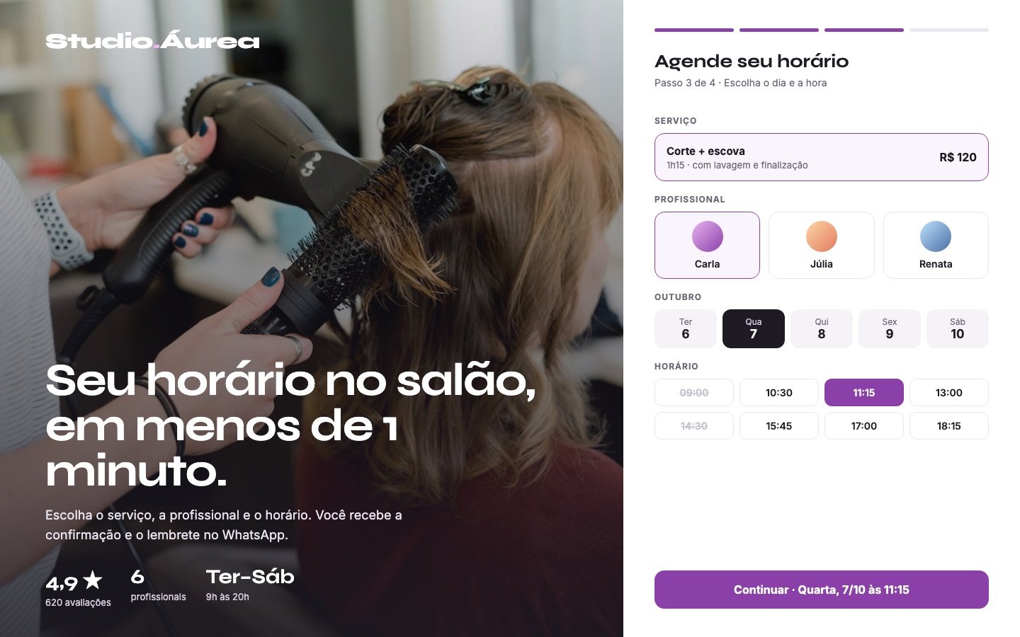 Tela de agendamento online de um salão de beleza